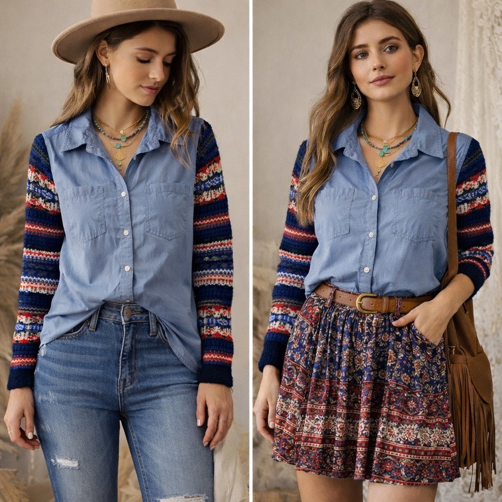 We The Free Blue Button Down Shirt with Multicolor Sleeves